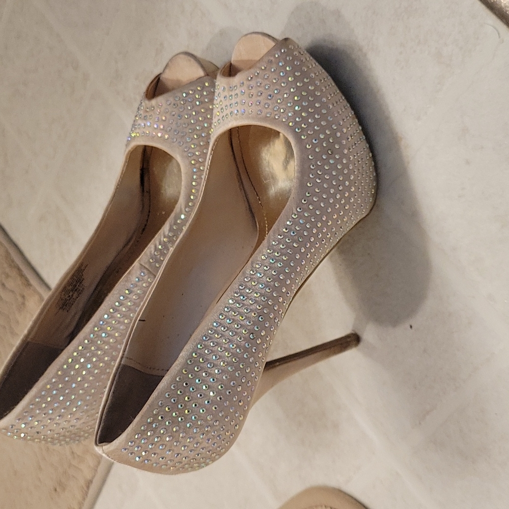 J lo gold silk with rhinestone heels